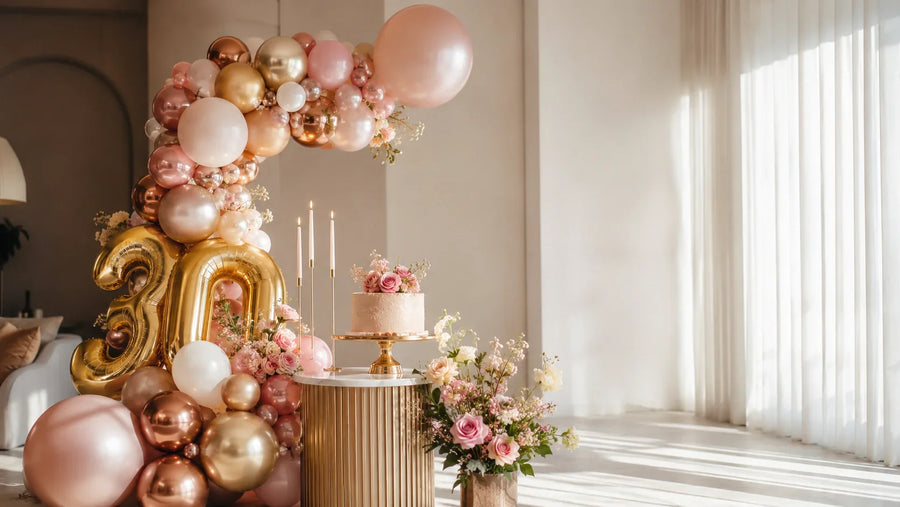Decoración de cumpleaños para mujer con globos rosados y dorados, estilo elegante