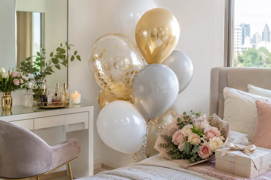 Bouquet de globos y flores para regalo por el Día de la Mujer