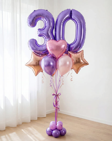 "Bouquet de Números Gigantes con Helio — Morado y Rosa": número "30" morado, corazón rosa y estrellas foil rose gold — Perú Balloons, Lima