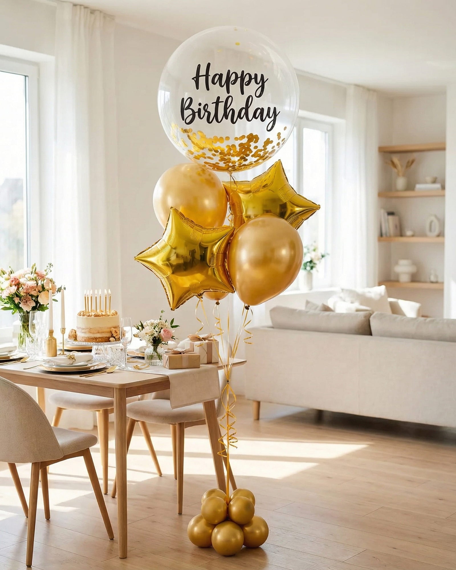 Bouquet de globos Happy Birthday dorado decorando mesa de cumpleaños en sala de estar