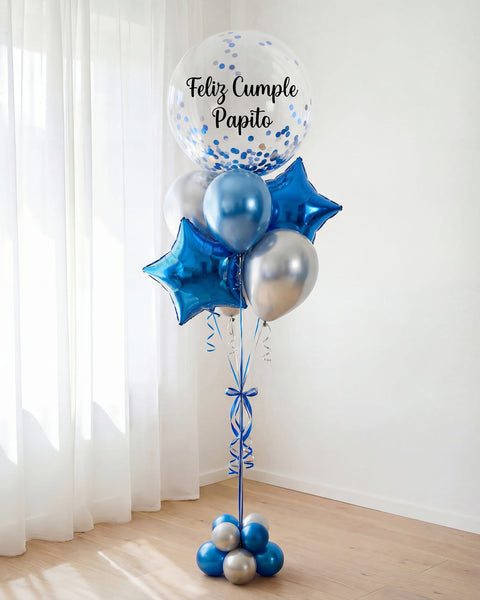 "Bouquet de Globos Feliz Cumpleaños con Helio — Azul y Plata": burbuja "Feliz Cumple Papito" y estrellas foil azules — Perú Balloons, Lima