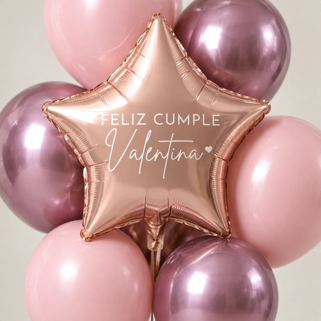 Detalle de estrella oro rosa con la frase Feliz cumple Valentina, rodeada de globos rosas.