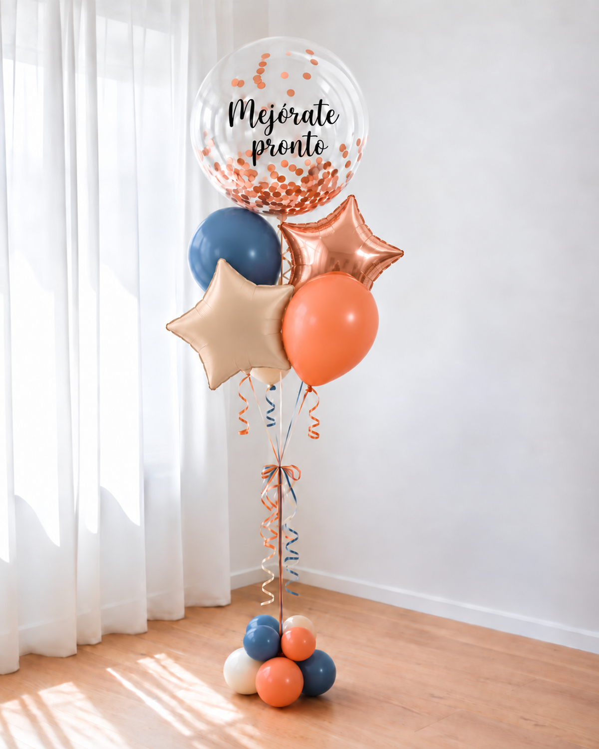 Bouquet de Globos Mejórate Pronto con Helio — Azul y Coral: burbuja "Mejórate pronto", estrellas foil y globos azul y coral — Perú Balloons, Lima