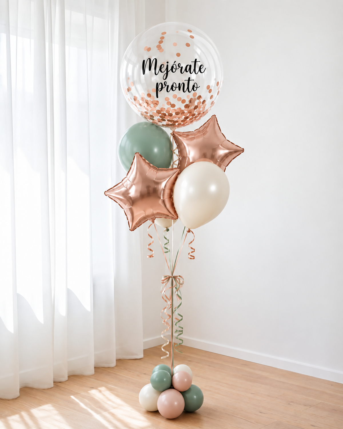 Bouquet de Globos Mejórate Pronto con Helio — Cobre y Verde Sage: burbuja "Mejórate pronto", estrellas foil y globo blanco — Perú Balloons, Lima