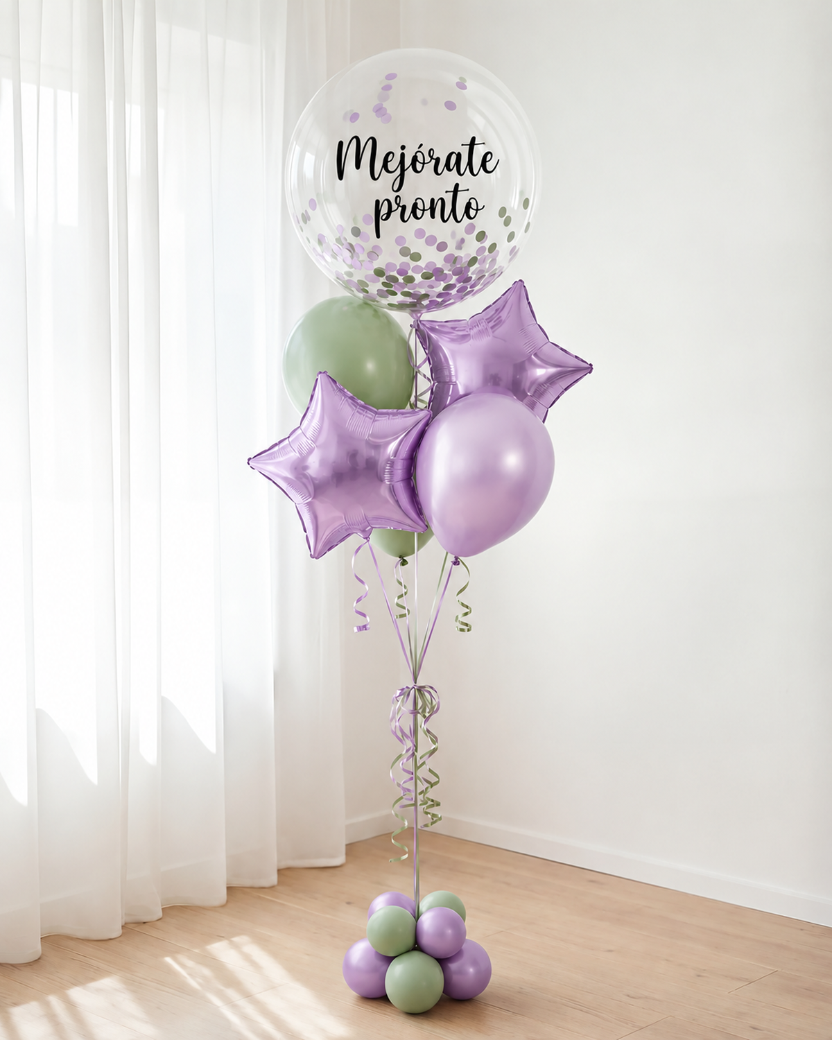 Bouquet de Globos Mejórate Pronto con Helio — Lila y Verde Sage: burbuja "Mejórate pronto", estrellas foil y globo lila — Perú Balloons, Lima
