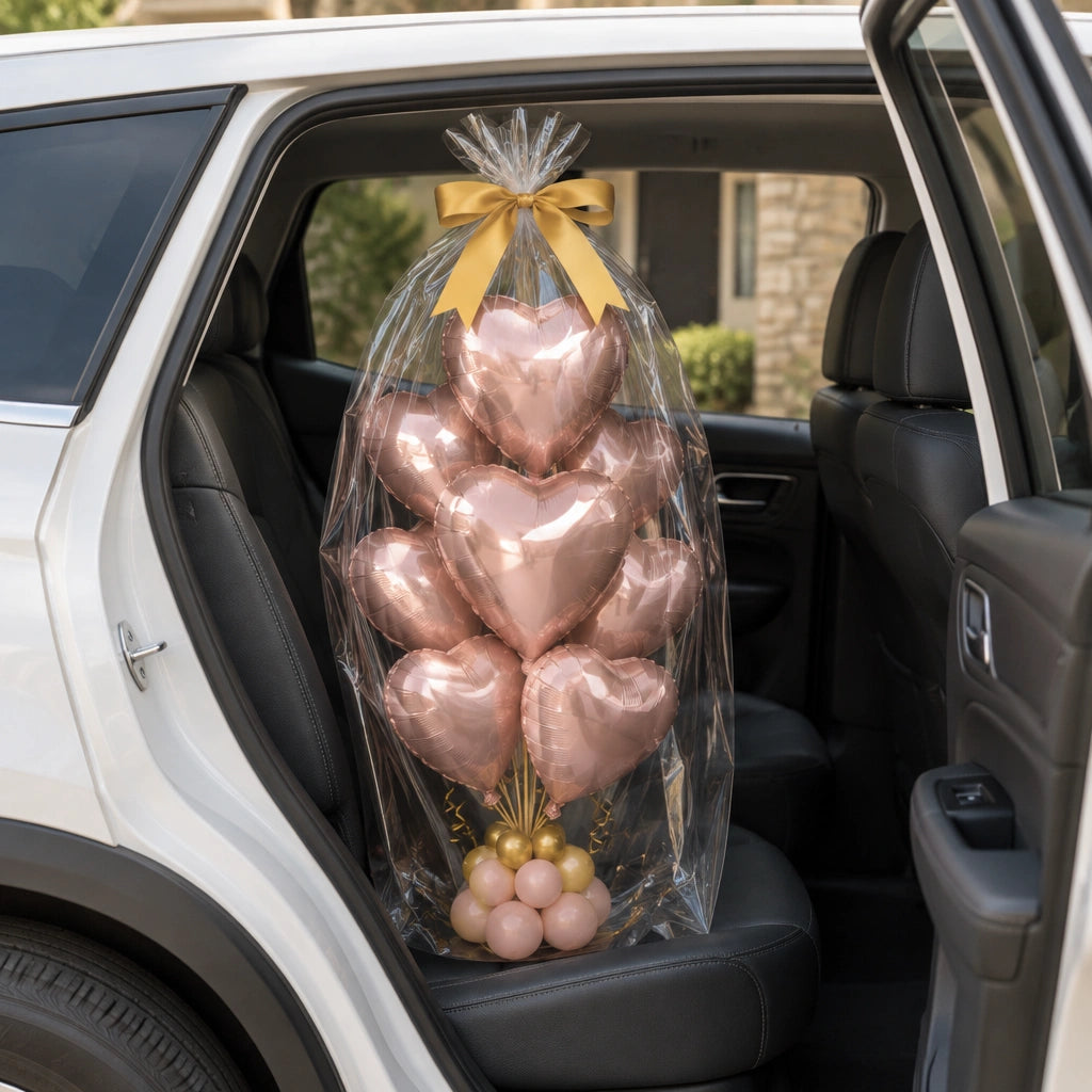 Ramo de globos de corazón oro rosa envuelto en celofán con lazo dorado en el asiento de un auto