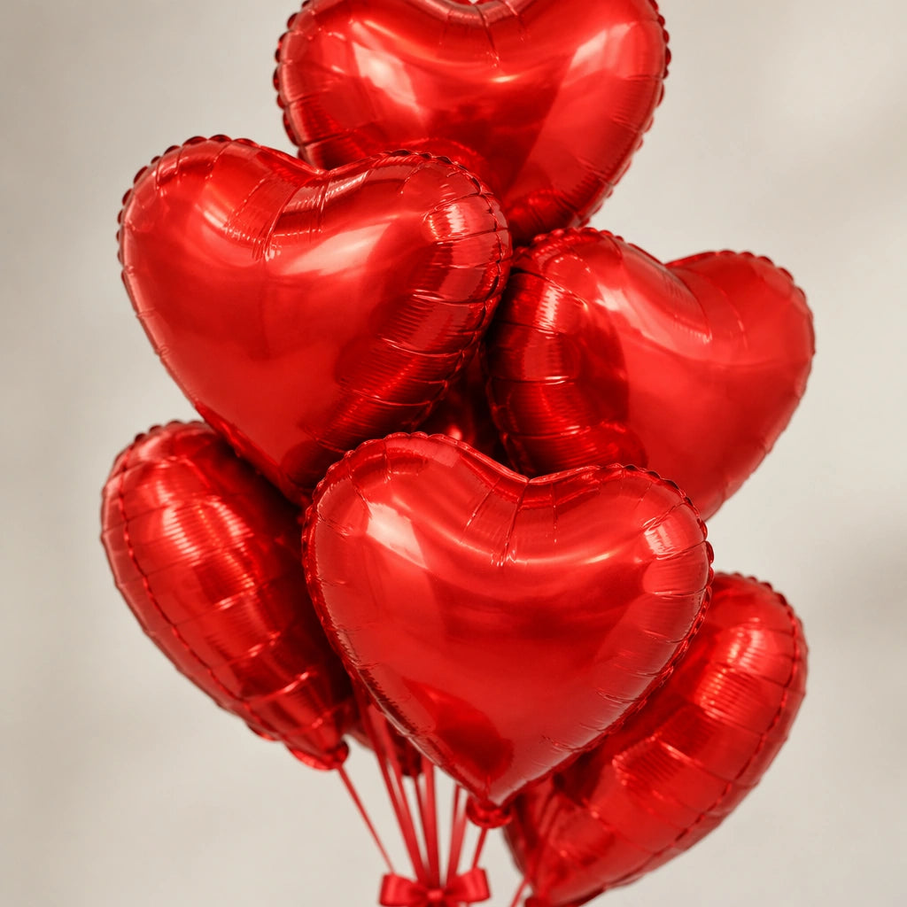 Ramo de globos de corazón rojos metalizados en primer plano, con sus reflejos y costuras visibles.