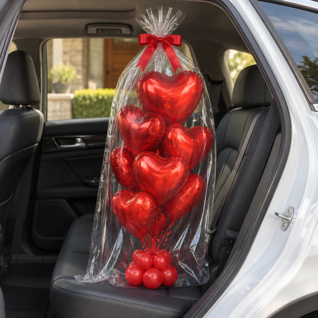 Ramo de globos de corazón rojos envuelto en celofán con lazo, en el asiento trasero de un auto.
