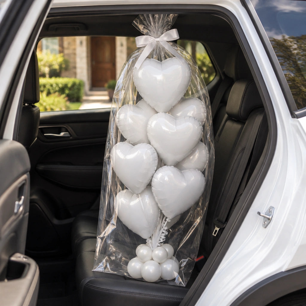 Ramo de globos de corazón blancos envuelto en celofán sobre el asiento de un auto