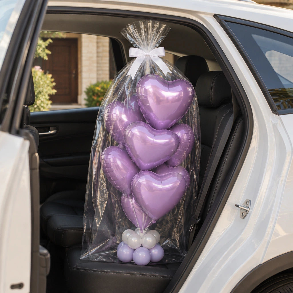Ramo de globos de corazón lila envuelto en celofán con lazo blanco en el asiento trasero de un auto.
